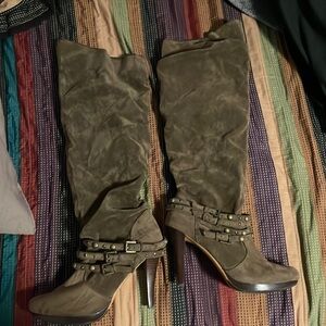 vintage Taupe women’s high heel fold over boots with studs
